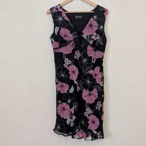 Vintage 90s Y2K Dark Floral Babydoll Dress, Black Pink Sheer Overlay